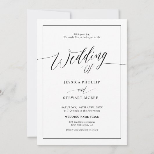 Elegant zwart wit alles in één script bruiloft kaart (Voorkant)