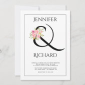 Elegant zwart wit ampersand, roze rozenbruiloft kaart (Voorkant)