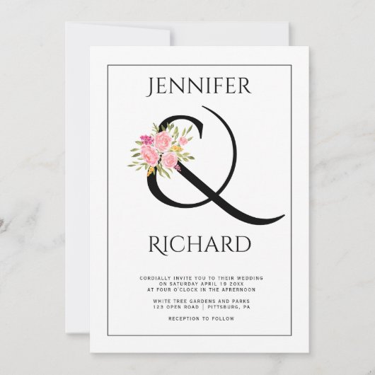 Elegant zwart wit ampersand, roze rozenbruiloft kaart (Voorkant)