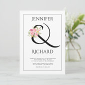 Elegant zwart wit ampersand, roze rozenbruiloft kaart (Staand voorkant)
