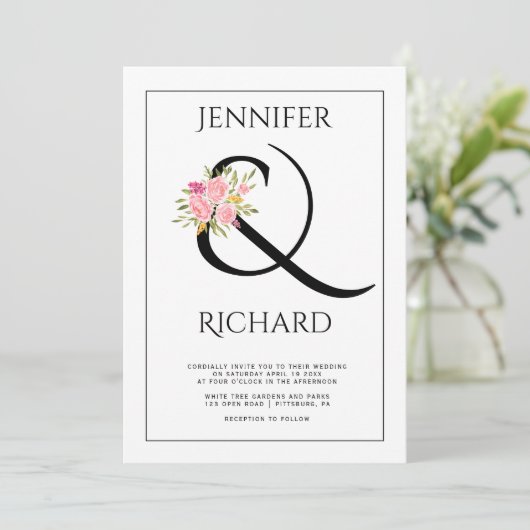 Elegant zwart wit ampersand, roze rozenbruiloft kaart (Staand voorkant)