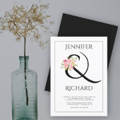 Elegant zwart wit ampersand, roze rozenbruiloft kaart