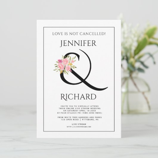 Elegant zwart wit ampersand virtuele bruiloft kaart (Staand voorkant)