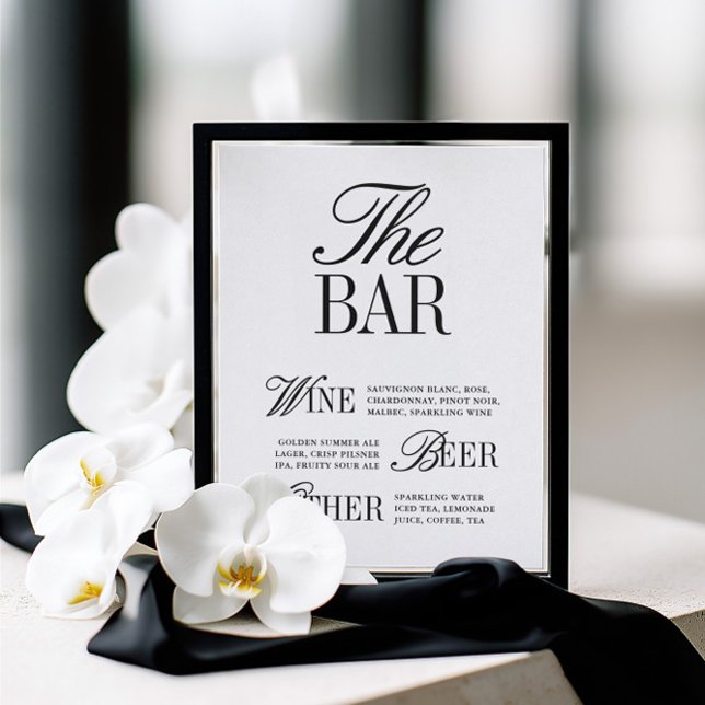 Elegant zwart-wit barbord voor trouwfeest (Elegant Black & White Wedding Bar Sign)
