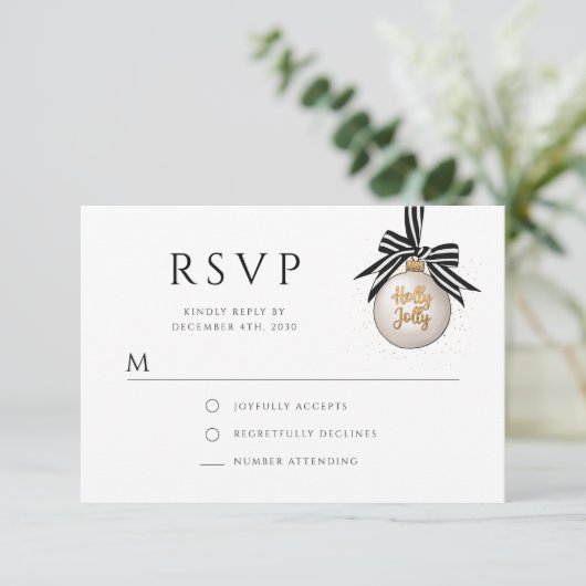 Elegant Zwart Wit Bauble Kerstfeest RSVP Kaartje (Staand voorkant)