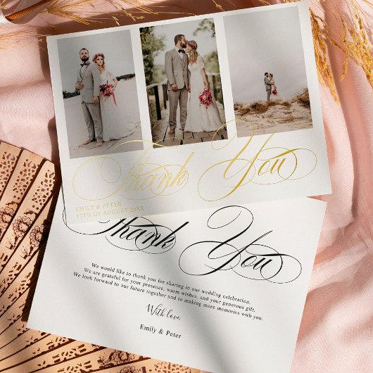 Elegant zwart-wit bedankt voor de 3 fotobruiloft folie uitnodiging