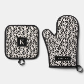 Elegant zwart-wit blad patroon ovenwant & pannenlap set (Voorkant)