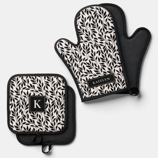 Elegant zwart-wit blad patroon ovenwant & pannenlap set (Voorkant / Achterkant)