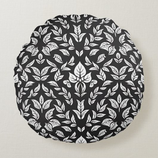 Elegant zwart-wit bladpatroon rond kussen (Voorkant)