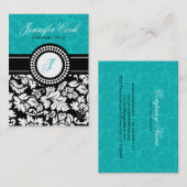 Elegant Zwart Wit & Blauw-Groen Bloemen Damasks Visitekaartje (Voorkant / Achterkant)