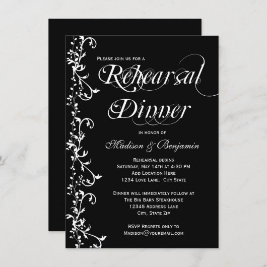 Elegant Zwart-Wit Bloeiend Repetitie Diner Kaart (Voorkant / Achterkant)