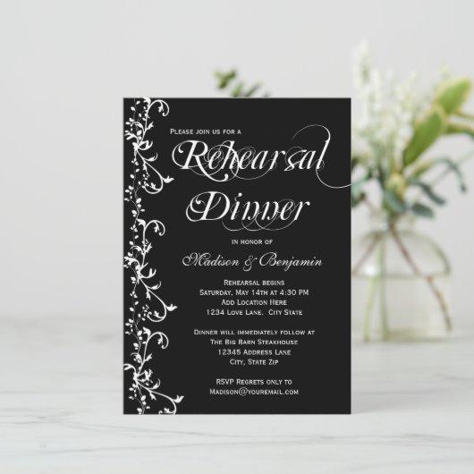 Elegant Zwart-Wit Bloeiend Repetitie Diner Kaart (Staand voorkant)