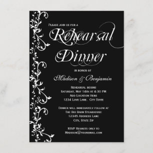 Elegant Zwart-Wit Bloeiend Repetitie Diner Kaart