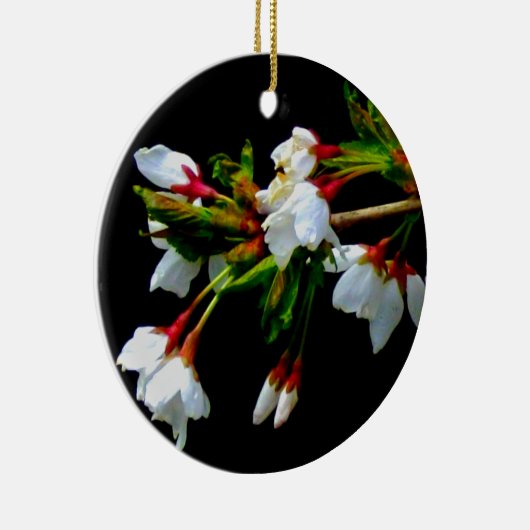 Elegant Zwart Wit bloeiende witte bloesem Keramisch Ornament (Rechts)