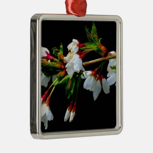 Elegant Zwart Wit bloeiende witte bloesem Metalen Ornament (Rechts)