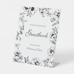 Elegant zwart-wit bloem bruiloft gastboek reclamebord met voetstuk