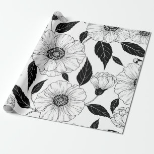Elegant Zwart Wit Bloem Motief Lijn Kunst Patroon  Cadeaupapier