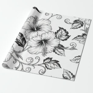 Elegant Zwart Wit Bloem Motief Lijn Kunst Patroon  Cadeaupapier