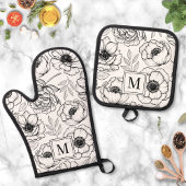 Elegant Zwart Wit Bloem Motief Monogram Ovenwant & Pannenlap Set