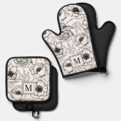 Elegant Zwart Wit Bloem Motief Monogram Ovenwant & Pannenlap Set (Voorkant / Achterkant)