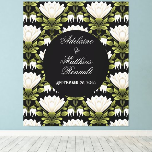 Elegant Zwart & Wit Bloemen Bruiloft: Kalligrafie Canvas Afdruk (Insitu (Houten vloer))
