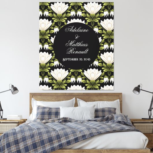 Elegant Zwart & Wit Bloemen Bruiloft: Kalligrafie Canvas Afdruk (Insitu (Slaapkamer))