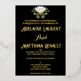 Elegant Zwart & Wit Bloemen Bruiloft: Kalligrafie Folie Uitnodiging