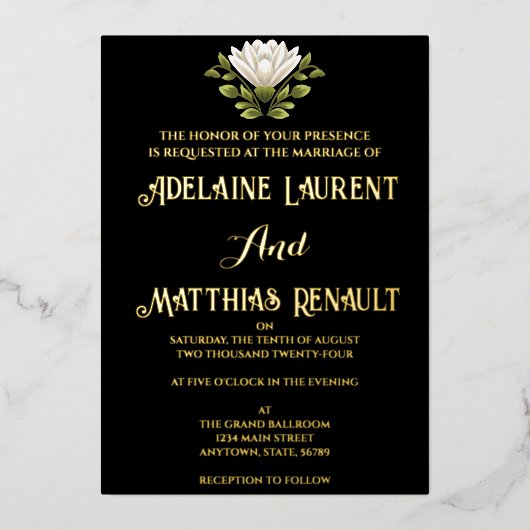 Elegant Zwart & Wit Bloemen Bruiloft: Kalligrafie Folie Uitnodiging (Voorkant)