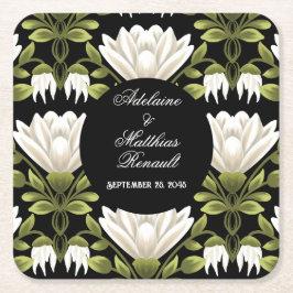 Elegant Zwart & Wit Bloemen Bruiloft: Kalligrafie Kartonnen Onderzetters