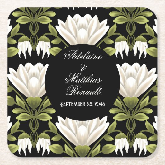 Elegant Zwart & Wit Bloemen Bruiloft: Kalligrafie Kartonnen Onderzetters (Voorkant)