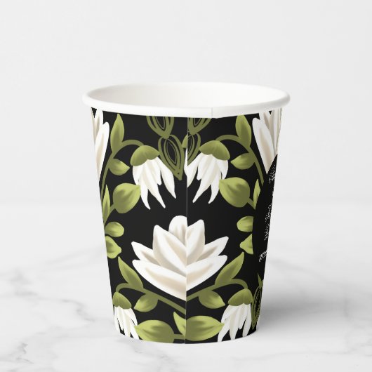 Elegant Zwart & Wit Bloemen Bruiloft: Kalligrafie Papieren Bekers (Rechts)