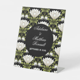 Elegant Zwart & Wit Bloemen Bruiloft: Kalligrafie Reclamebord Met Voetstuk