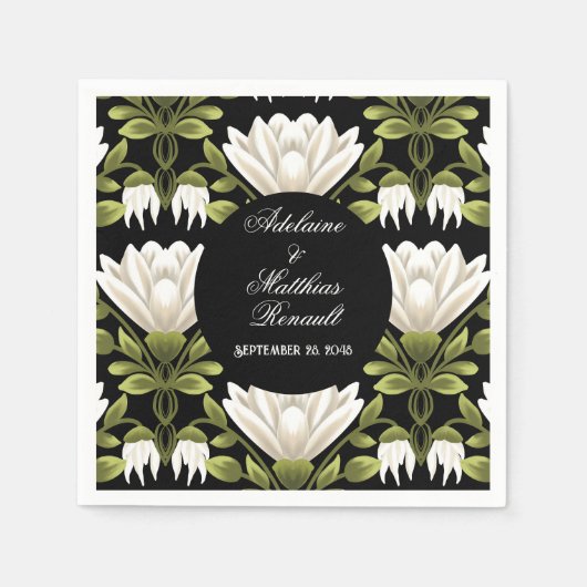 Elegant Zwart & Wit Bloemen Bruiloft: Kalligrafie Servet (Voorkant)