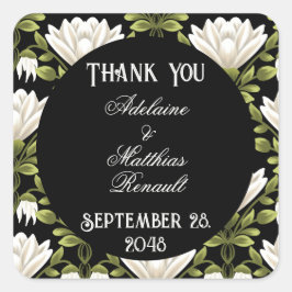 Elegant Zwart & Wit Bloemen Bruiloft: Kalligrafie Vierkante Sticker