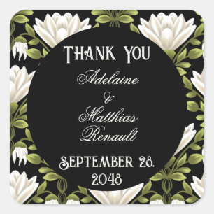 Elegant Zwart & Wit Bloemen Bruiloft: Kalligrafie Vierkante Sticker