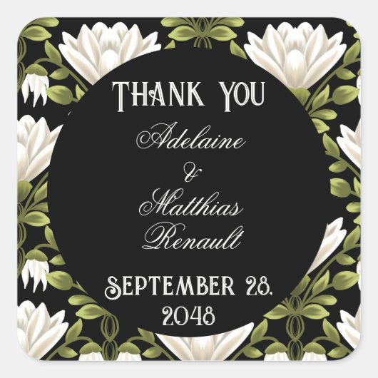 Elegant Zwart & Wit Bloemen Bruiloft: Kalligrafie Vierkante Sticker (Voorkant)