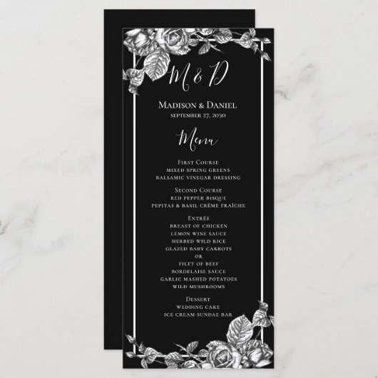 Elegant Zwart Wit Bloemen Bruiloft Menu Kaart (Voorkant / Achterkant)