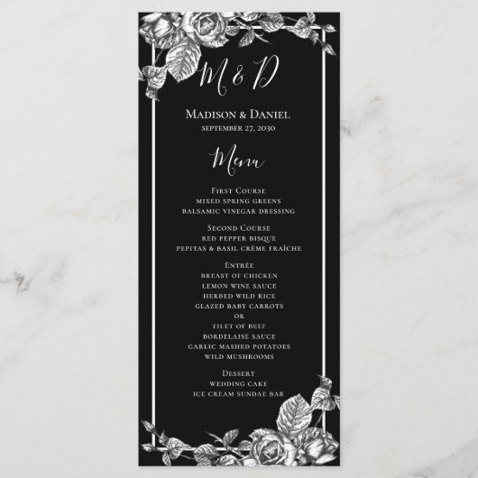 Elegant Zwart Wit Bloemen Bruiloft Menu Kaart (Voorkant)