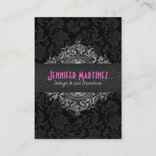 Elegant Zwart & Wit  Bloemen Damasks 3 Visitekaartje