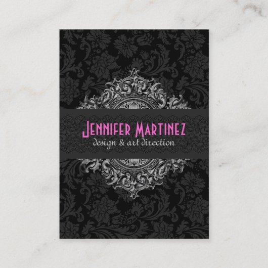 Elegant Zwart & Wit  Bloemen Damasks 3 Visitekaartje (Voorkant)