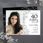 Elegant Zwart Wit Bloemen Foto 40e Verjaardag Kaart<br><div class="desc">Zwart wit bloemenfeest 40e verjaardag uitnodiging met je foto op de voorkant van de kaart. Elegant modern ontwerp met botanische overzichtstekeningen,  accenten en typografie script lettertype. Eenvoudige trendy uitnodigingskaart perfect voor een stijlvol vrouwen dagfeest. Kan worden aangepast aan elke leeftijd. Gedrukte Zazzle-uitnodigingen of direct download digitale afdrukbare sjabloon.</div>