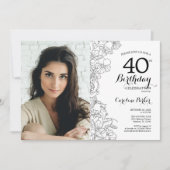 Elegant Zwart Wit Bloemen Foto 40e Verjaardag Kaart (Voorkant)