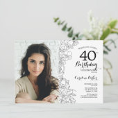 Elegant Zwart Wit Bloemen Foto 40e Verjaardag Kaart (Staand voorkant)