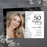 Elegant Zwart Wit Bloemen Foto 50e Verjaardag Kaart<br><div class="desc">Zwart wit bloemenfeest 50ste verjaardag uitnodiging met je foto op de voorkant van de kaart. Elegant modern ontwerp met botanische overzichtstekeningen,  accenten en typografie script lettertype. Eenvoudige trendy uitnodigingskaart perfect voor een stijlvol vrouwen dagfeest. Kan worden aangepast aan elke leeftijd. Gedrukte Zazzle-uitnodigingen of direct download digitale afdrukbare sjabloon.</div>