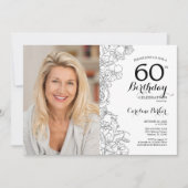 Elegant Zwart Wit Bloemen Foto 60e Verjaardag Kaart (Voorkant)