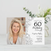 Elegant Zwart Wit Bloemen Foto 60e Verjaardag Kaart (Staand voorkant)