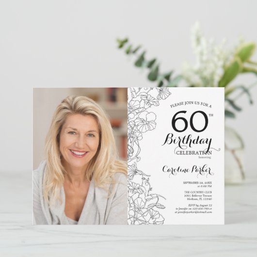 Elegant Zwart Wit Bloemen Foto 60e Verjaardag Kaart (Staand voorkant)