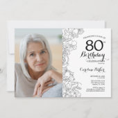 Elegant Zwart Wit Bloemen Foto 80e Verjaardag Kaart (Voorkant)