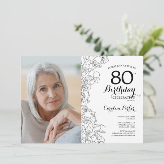 Elegant Zwart Wit Bloemen Foto 80e Verjaardag Kaart (Staand voorkant)