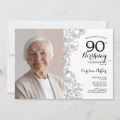 Elegant Zwart Wit Bloemen Foto 90e Verjaardag Kaart (Voorkant)